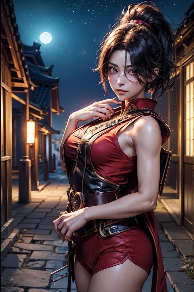 score_9,score_8_up,score_7_up,(pastel-color),(high brightness colors),Cute 20-year-old Japanese 1 girl,solo,(8k, masterpiece, ultra-detailed, best quality, ultra high res, newest, very aesthetic, absurdres, illustration, perfect composition),(hires),looking at viewer,black hair,shiny skin,fair skin,(upper body:1.5),toothless smilev,emphasizing her curvy body and large breasts,(ninja:1.5),A sexy female ninja in a tight black ninja outfit, perfectly fitted to emphasize her curves, sharp gaze while holding shurikens, background of a full moon and bamboo grove