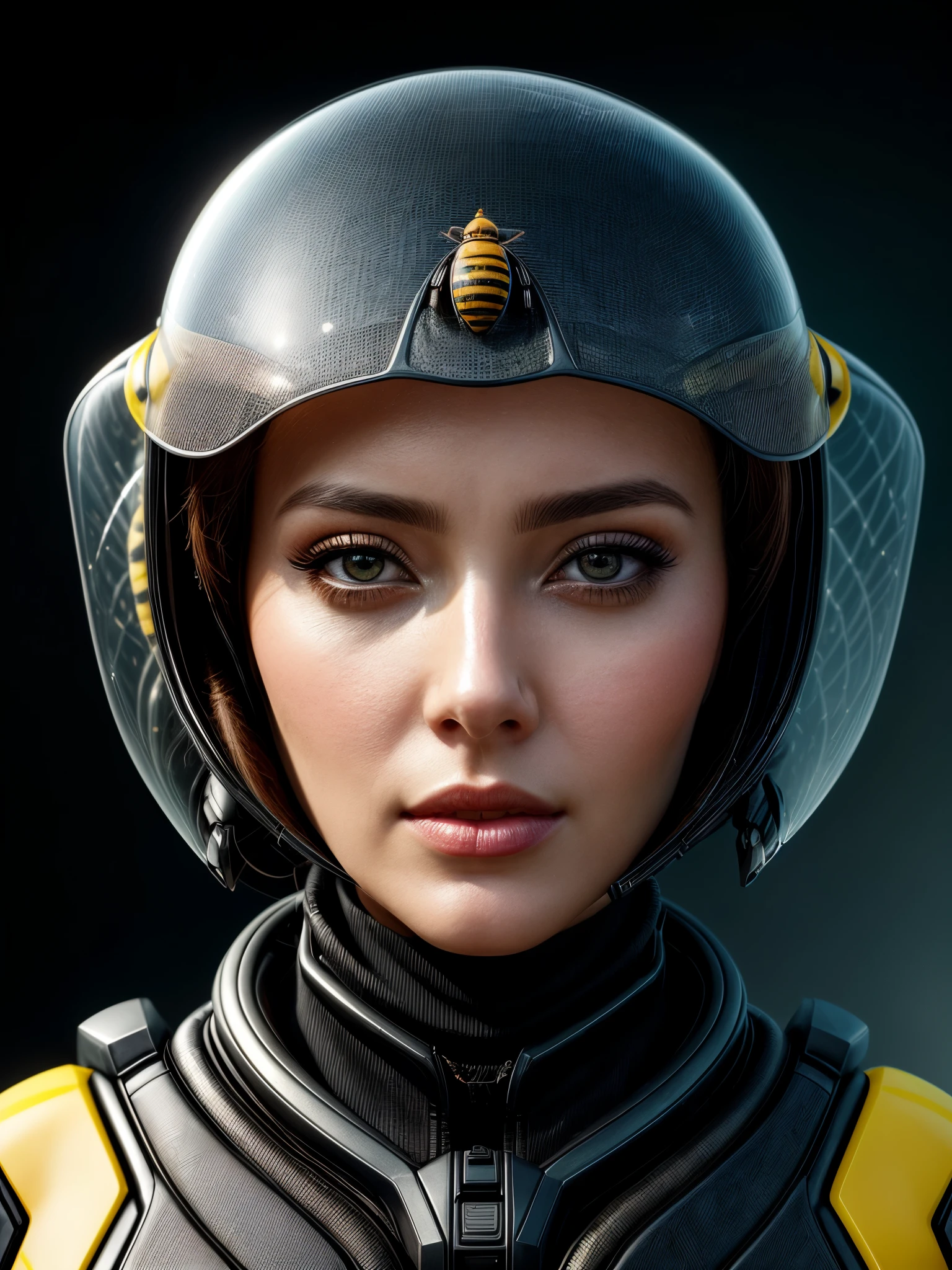 a close up of a woman wearing a helmet with a bee on it, digital art inspired by Marek Okon, cgsociety contest winner, digital art, futuristic female beekeeper, portrait beautiful sci - fi girl, symmetrical portrait scifi, futuristic woman portrait, beautiful cyberpunk girl face, portrait of a sci - fi woman, sci - fi look,cm™