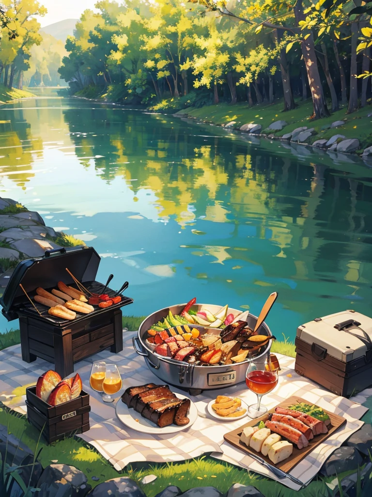 (Best quality: 1.4), animation, seaside, barbecue, reef, blue and tranquil water surface, wine and barbecue on the small wooden table, with watermelon, lemon, lettuce, barbecue in a small iron pot