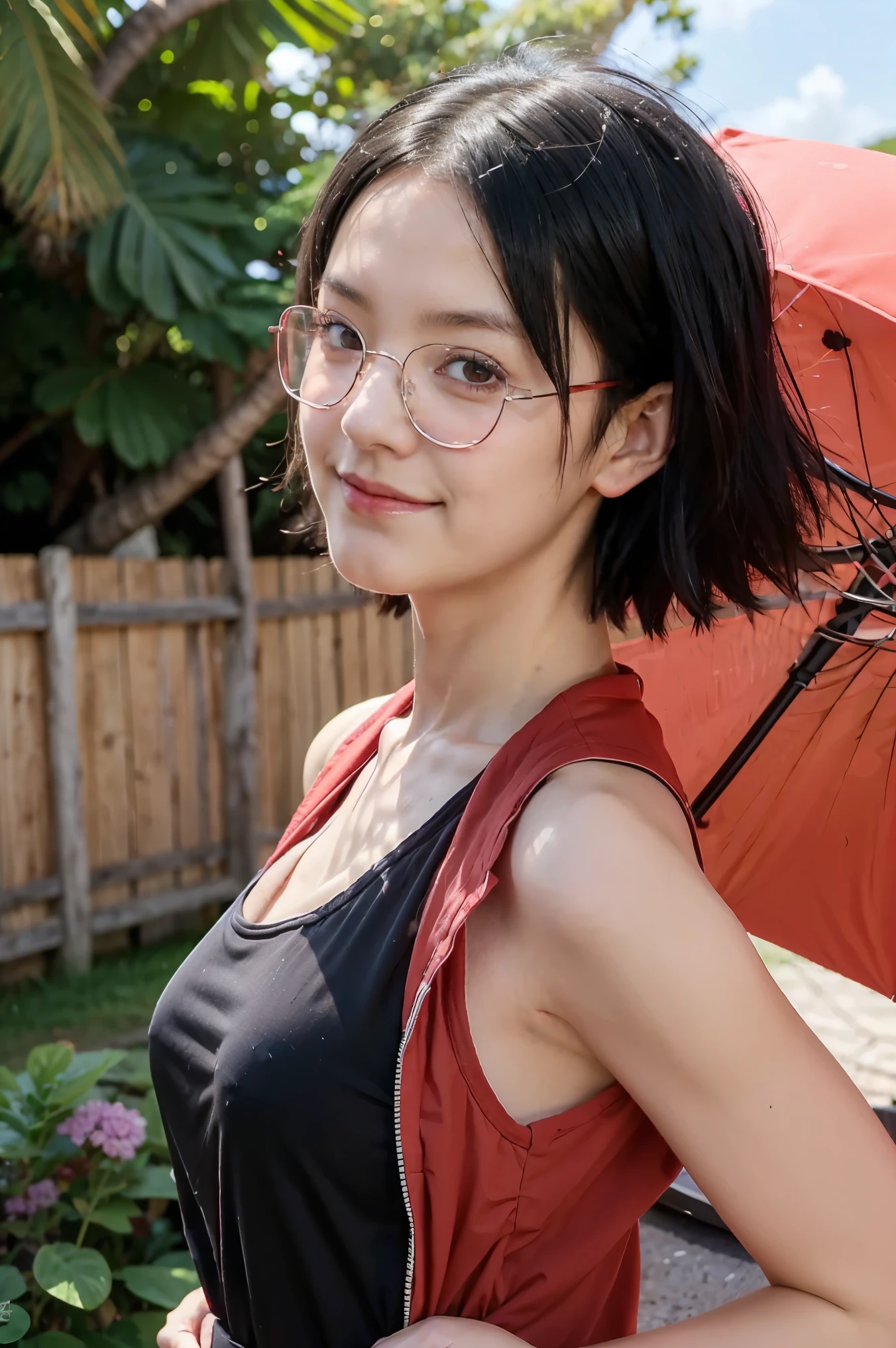 1girl, sarada uchiha in anime boruto, short hair, black hair, red eyes, smile, beautiful, sexy dress, sexy clothes, red clothes, wear red glasses, very big breast, realistic clothes, detail clothes, outdoor background, ultra detail, realistic