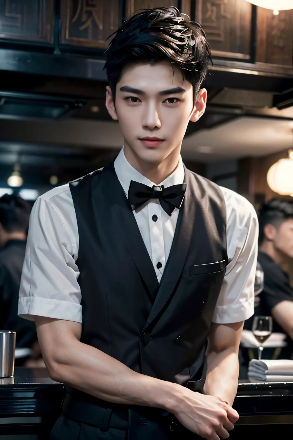 (1man), Asian, young (male:1.5), grey eyes, slender eyes, smile, (((boy in very short hair:1.3))), under_cut, Pompadour, ((formal)), ((handsome, sharp, wild facial features)), (robust muscular body), (robust physique), in restaurant, peoples in the background