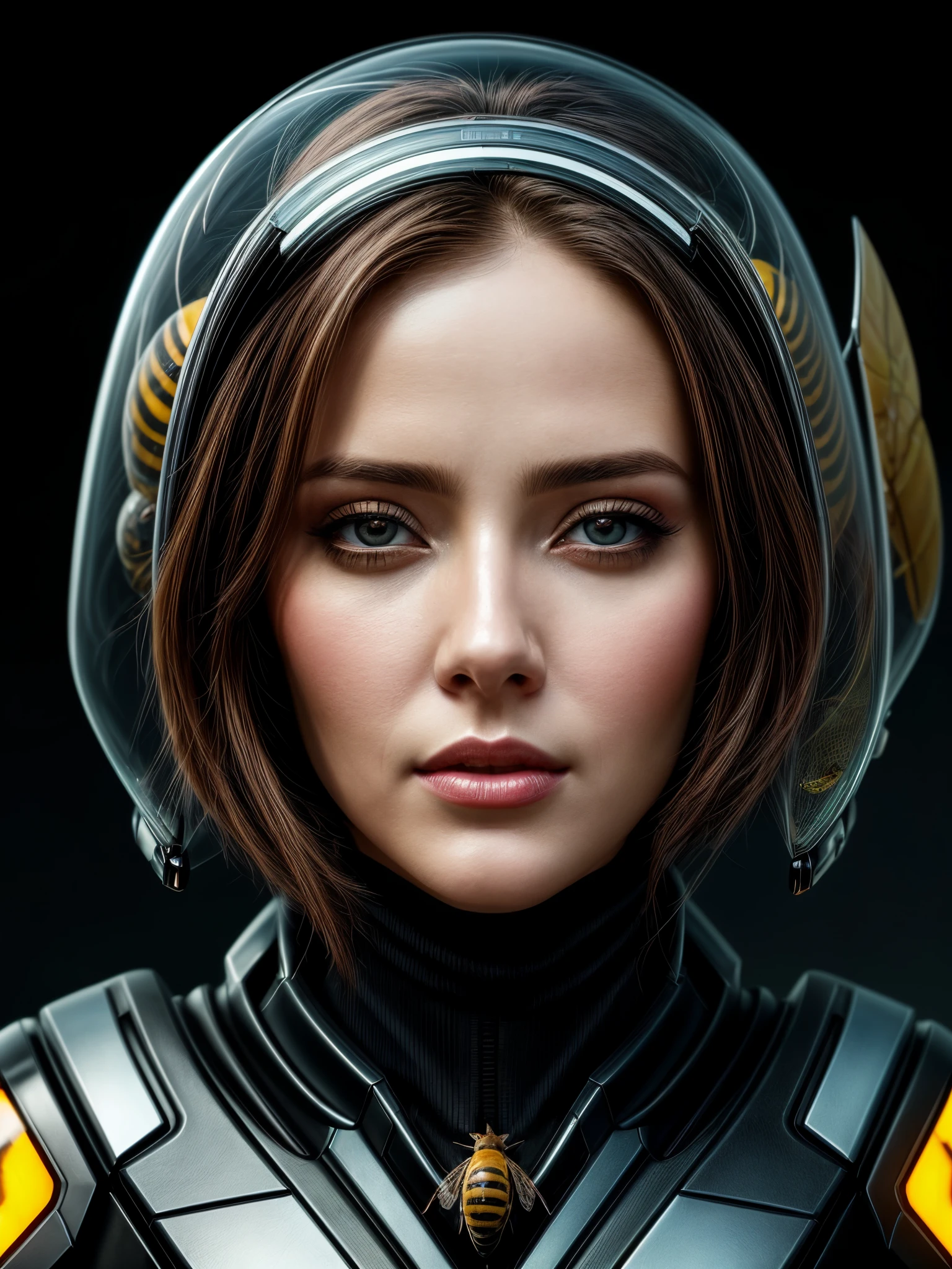 a close up of a woman wearing a helmet with a bee on it, digital art inspired by Marek Okon, cgsociety contest winner, digital art, futuristic female beekeeper, portrait beautiful sci - fi girl, symmetrical portrait scifi, futuristic woman portrait, beautiful cyberpunk girl face, portrait of a sci - fi woman, sci - fi look,cm™