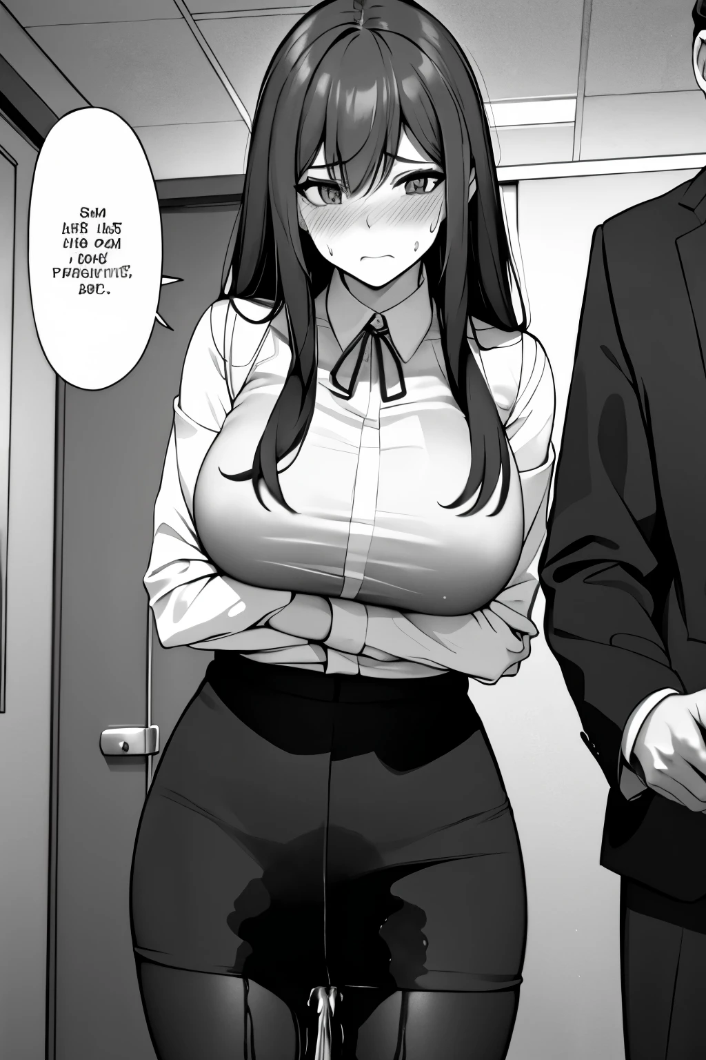 A woman with long black hair, wearing a business outfit consisting of a suit, pencil skirt, and pantyhose, stands in a monochrome setting. The artwork is inspired by manga and incorporates a doujin style. The woman appears to be (wetting herself:1.5), which causes her to feel embarrassed and humiliated, resulting in a blush on her face. In addition, there is an air of anger in her expression. The lighting in the scene is moody, with a spotlight highlighting the woman's figure. She is crossing her arms, (arms crossed:1.5), fully showcasing her skirt.