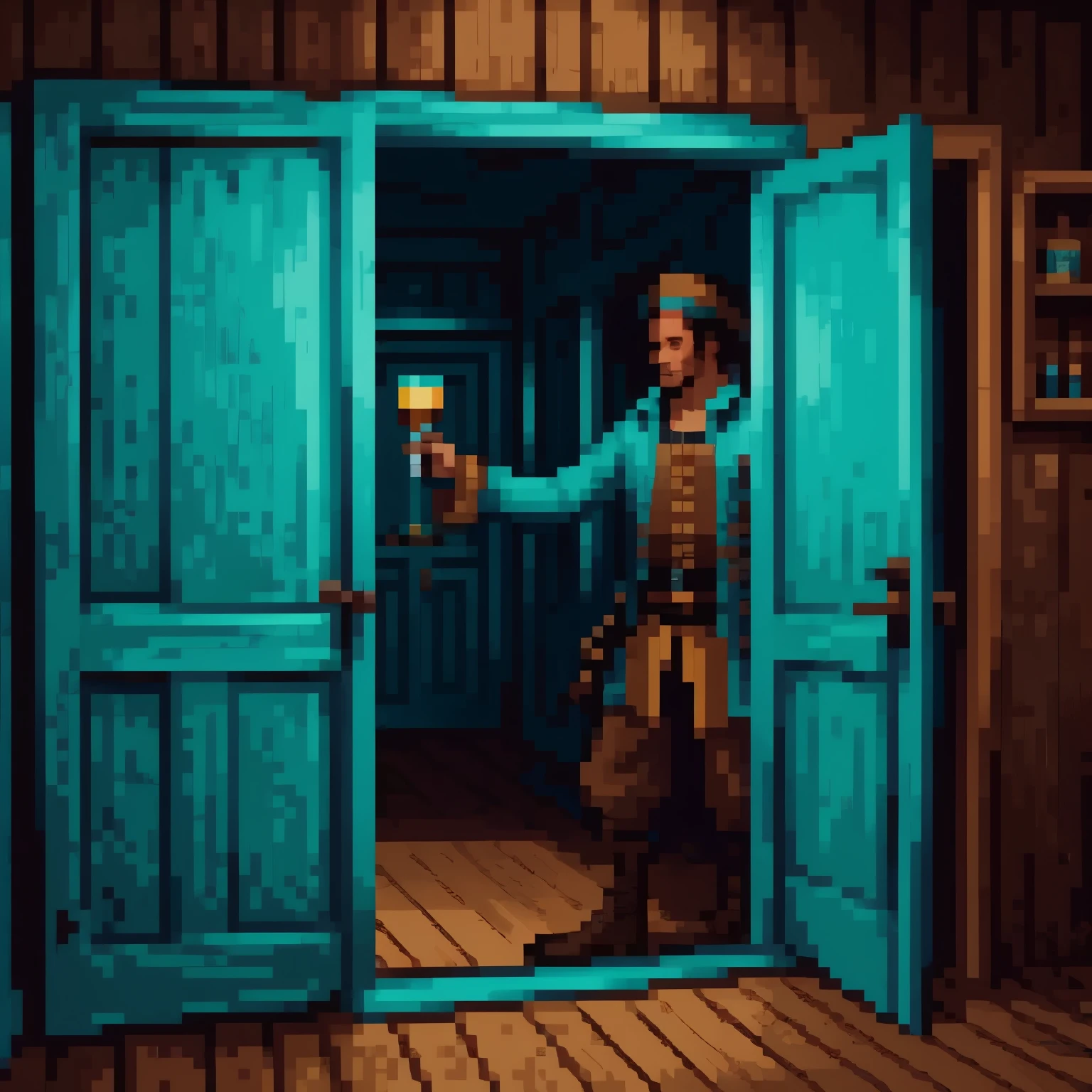 a male pirate wearing a cyan jacket opening a tavern door