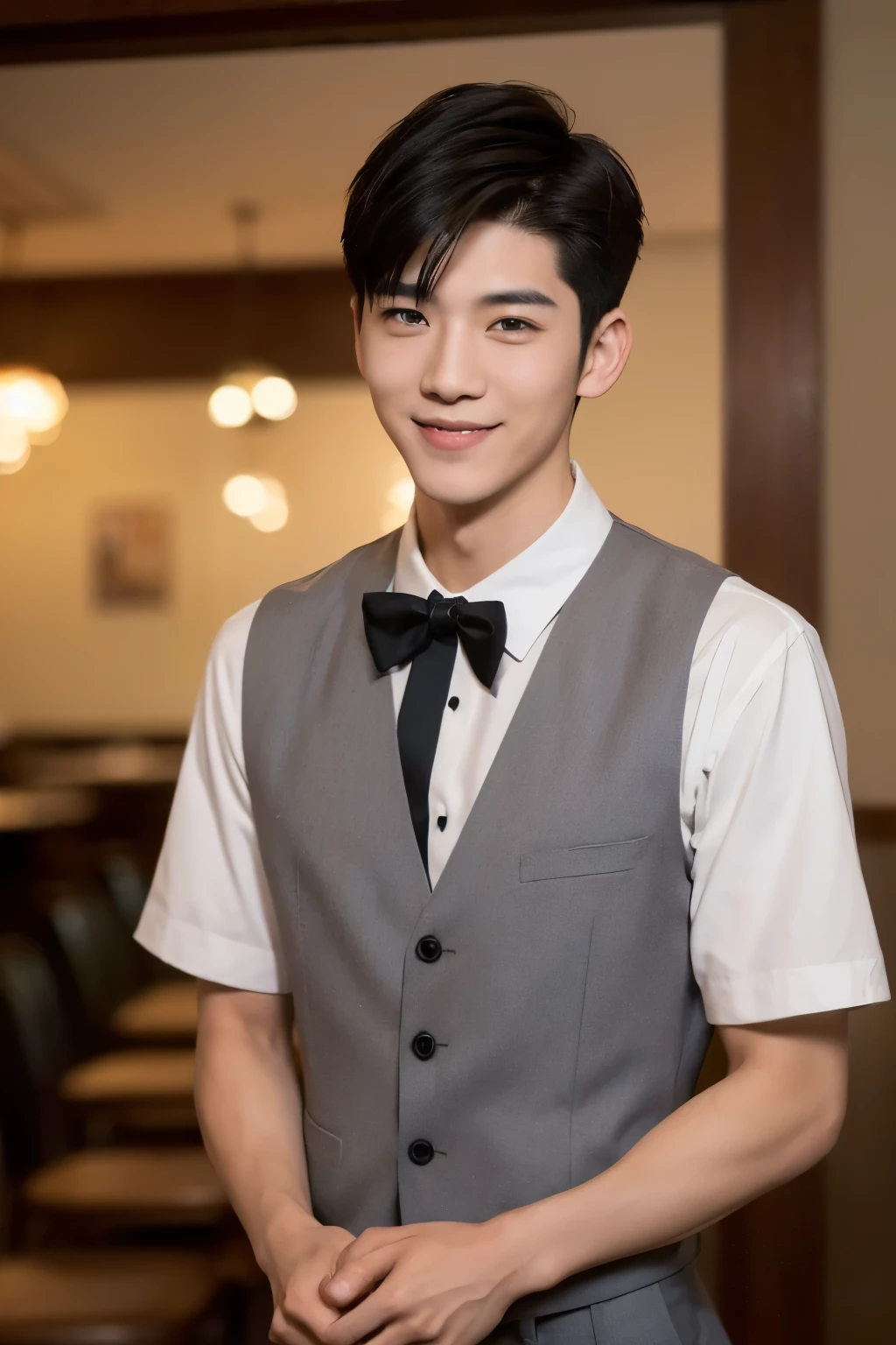 (1man), Asian, young (male:1.5), grey eyes, slender eyes, smile, (((boy in very short hair:1.3))), under_cut, Pompadour, ((formal)), ((handsome, sharp, wild facial features)), (robust muscular body), (robust physique), in restaurant, peoples in the background