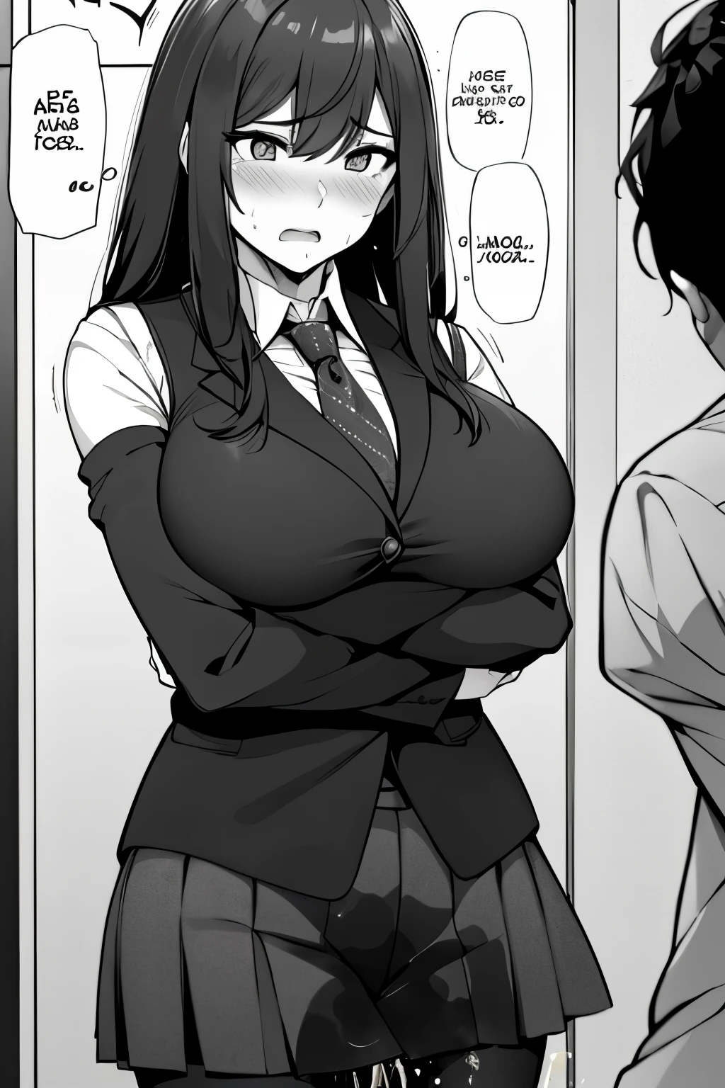 A woman with long black hair, wearing a business outfit consisting of a suit, pencil skirt, and pantyhose, stands in a monochrome setting. The artwork is inspired by manga and incorporates a doujin style. The woman appears to be (wetting herself:1.5), which causes her to feel embarrassed and humiliated, resulting in a blush on her face. In addition, there is an air of anger in her expression. The lighting in the scene is moody, with a spotlight highlighting the woman's figure. She is crossing her arms, (arms crossed:1.5), fully showcasing her skirt.