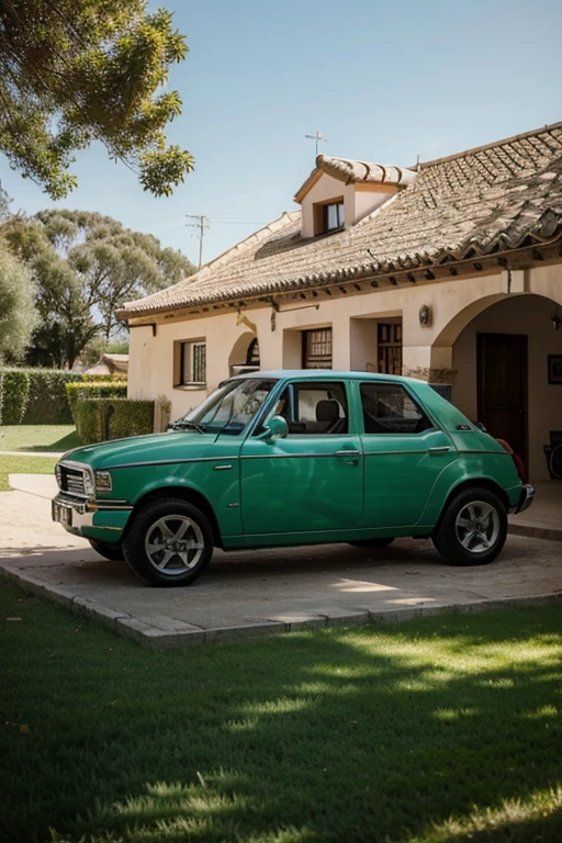 un coche deportivo con una casa lujosa en un prado verde