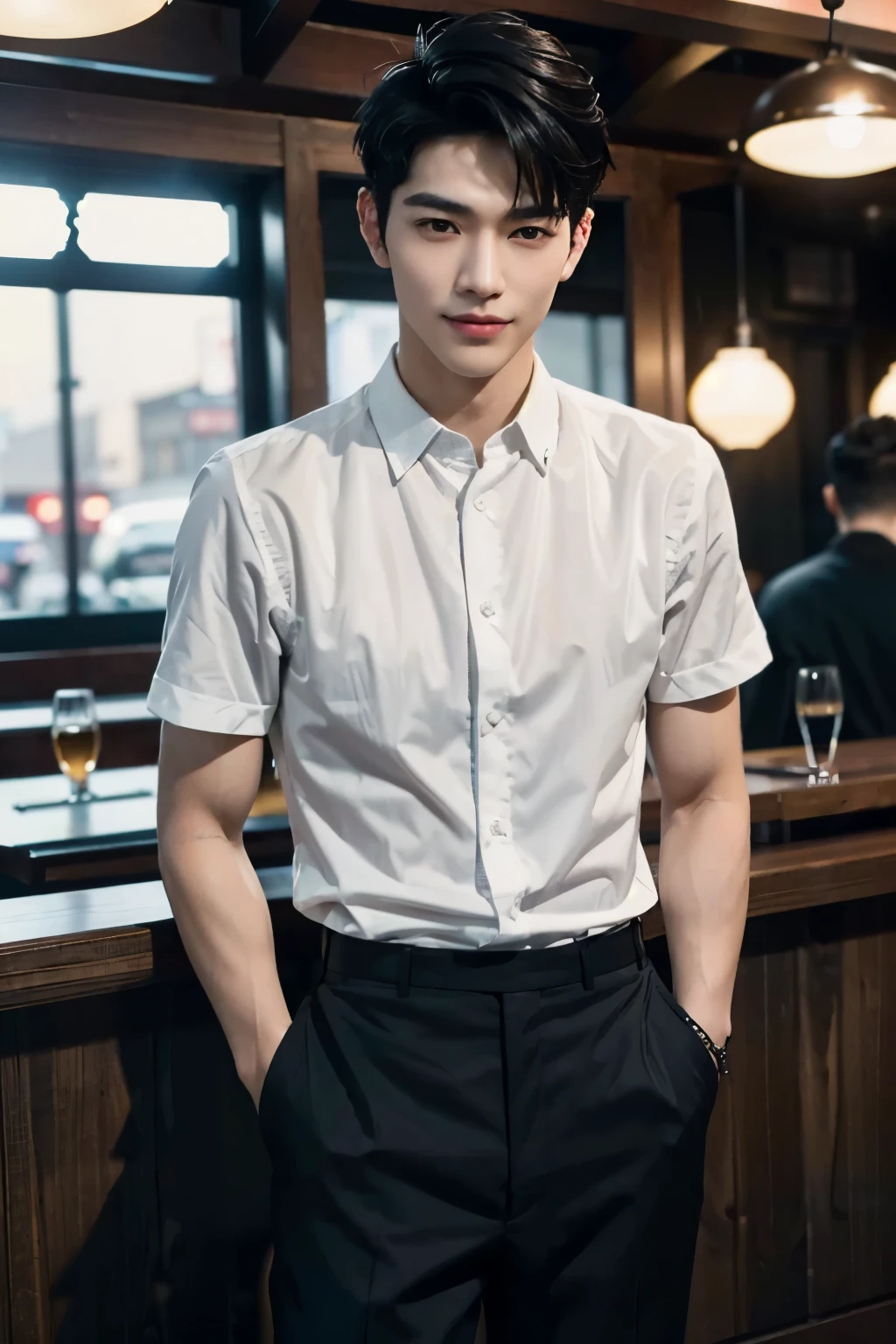 (1man), Asian, young (male:1.5), grey eyes, slender eyes, smile, (((boy in very short hair:1.3))), under_cut, Pompadour, ((formal)), ((handsome, sharp, wild facial features)), (robust muscular body), (robust physique), in restaurant, peoples in the background