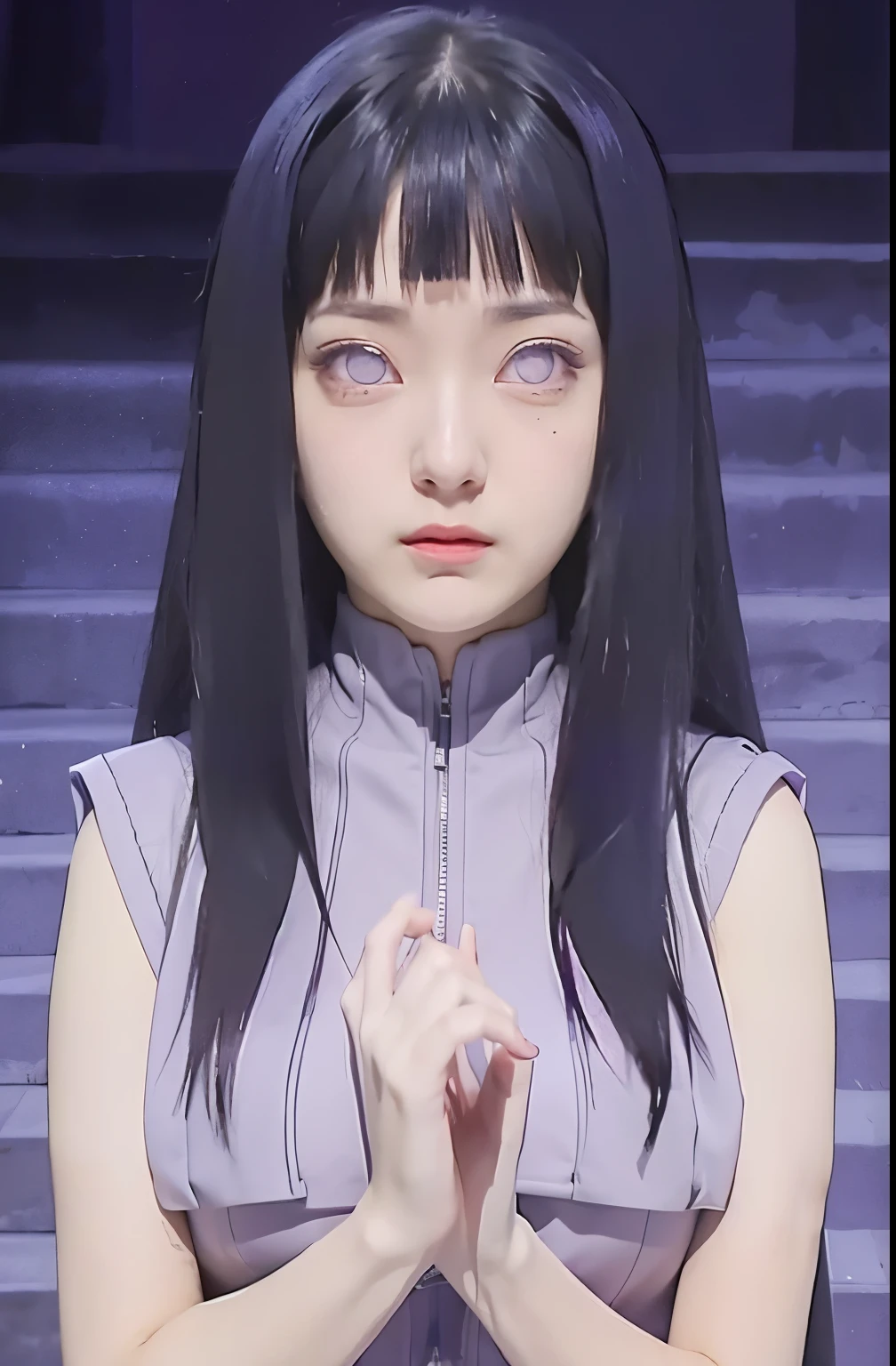 1girl, hyuga hinata, purple hair, white eyes, long hair, purple clothes, big breasts, realistic, ultra detail, indoor background