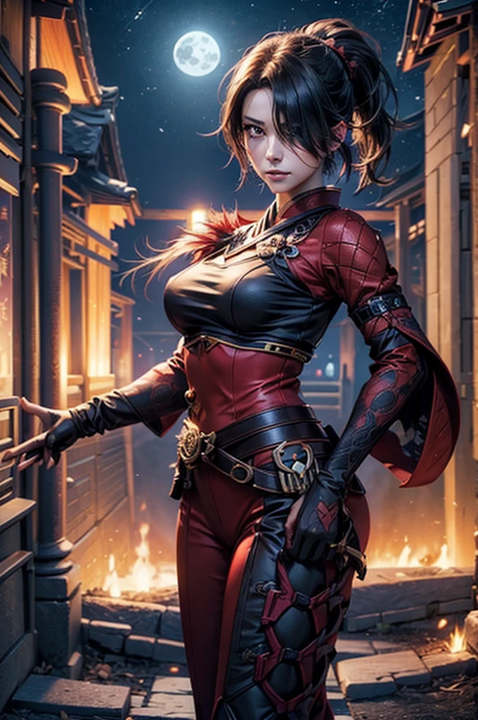 stunning girlfriend, heart shaped face, elegant face, beautiful face, highly detailed face, highly detailed skin, skin pores, subsurface scattering, realistic pupils, full lips, detailed background, depth of field, atmospheric perspective, volumetric lighting, sharp focus, absurdres, realistic proportions, good anatomy, (realistic, hyperrealistic:1.4), 16k hdr, cinderfall2023, best quality, masterpiece, 1girl, anime style, ponytail, red tactical suit, action pose, black left arm, utility belt, bulletproof vest, hair over eye, arcane ninja, flame, night, stars, moonlight,  standing, in courtyard, ancient Japan, ancient architecture, east_asian_architecture, (crowd wearing traditional japanese clothing)