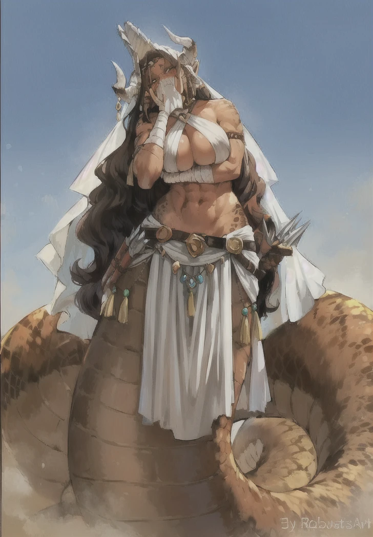 1girl, lamia,brown scales,black hair, desert tribal clothing, strong athletic body, daggers on her belt, warrior , Desert oasis,sadistic expression,Vibrant colors