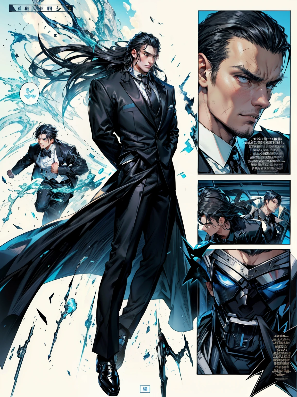 boys 26 Years old, Serious face, wearing black suits, white shirts, black tie, black pants, black hair, hands behind back, levitate on sky, blue sky, cloud