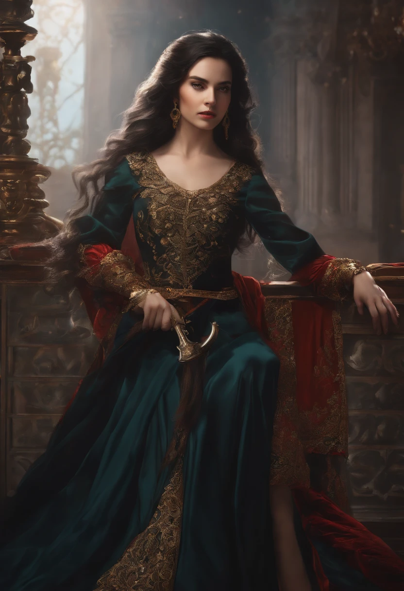 (absurdres, highres, ultra detailed), 1girl, solo, mature, Baroque, long dress, long sleeve, elegant, colorful, highest detailed, upper body, girl sword, black hair, fierce eyes