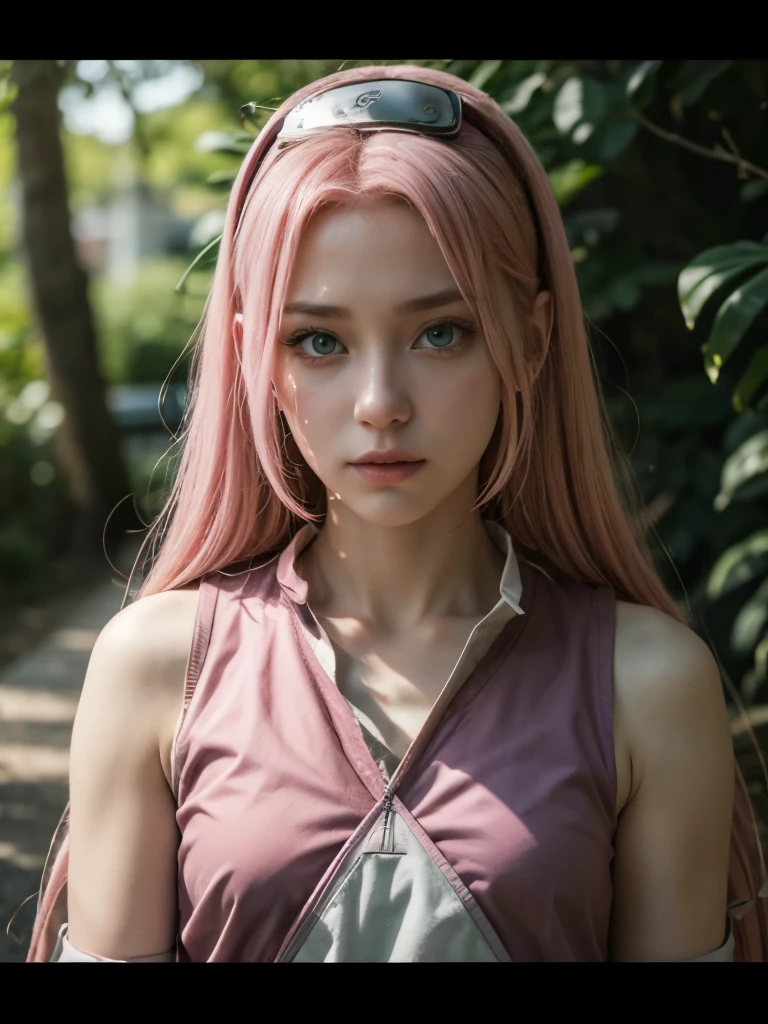 A girl cosplaying as the character sakura from the anime naruto shimpudder. She has long pink hair, a bandana tied in white, a green ninja vest, naruto shimpudder-like costume, ultra realistic and detailed cosplay of the character sakura. Masterpiece, Ultra HD, 8k, photography, real skin, real hair, blurred background f1.2. Masterpiece, professional realistic photography style. 