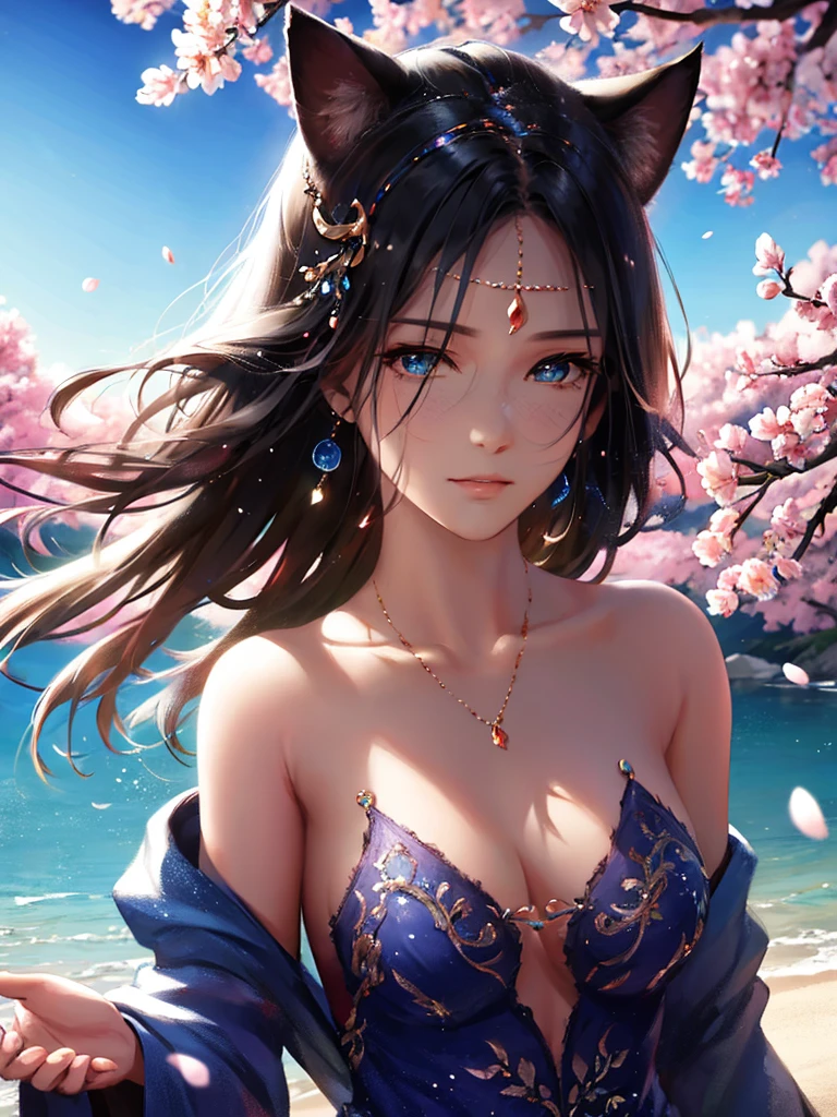 anime style, super fine illustration, highly detailed, dynamic angle, beautiful detailed, 8k, A girl is impressed by the cherry blossoms in Fuji-Hakone Izu National Park and the blue sky by the lakeside with Mt. Cherry blossom petals are dancing in the wind, the surface of the lake is calm, and the girl's expression is sincerely moved by the beauty of nature. very good illustration, High detail, dynamic angle, beautiful detailing,2D, (Best quality, masterpiece, Beauty, tenderness), Anime, Highly detailed face, very detailed eyes, very detailed background, Ideal lighting, Whole body, 1 girl, One, (Very detailed cat ears), (Very detailed ears behind the hair), Finely detailed eyes, ears covered with hair, (Very detailed eyes) Highly detailed hands, very detailed hands