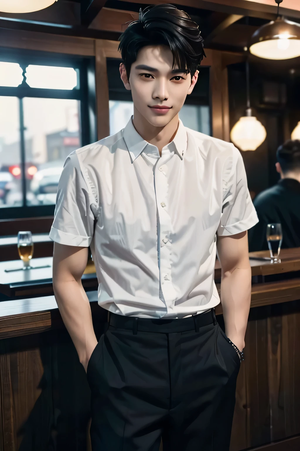 (1man), Asian, young (male:1.5), grey eyes, slender eyes, smile, (((boy in very short hair:1.3))), under_cut, Pompadour, ((formal)), ((handsome, sharp, wild facial features)), (robust muscular body), (robust physique), in restaurant, peoples in the background
