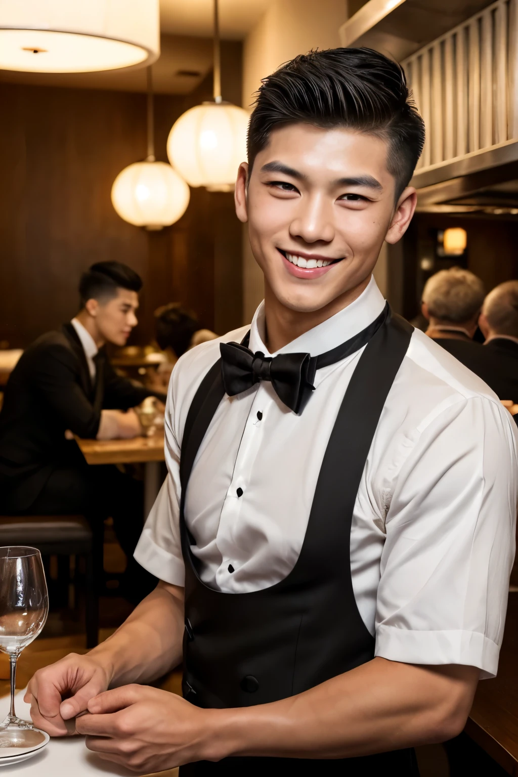 (1man), Asian, young (male:1.5), grey eyes, slender eyes, smile, (((boy in very short hair:1.3))), under_cut, Pompadour, ((formal)), ((handsome, sharp, wild facial features)), (robust muscular body), (robust physique), in restaurant, peoples in the background