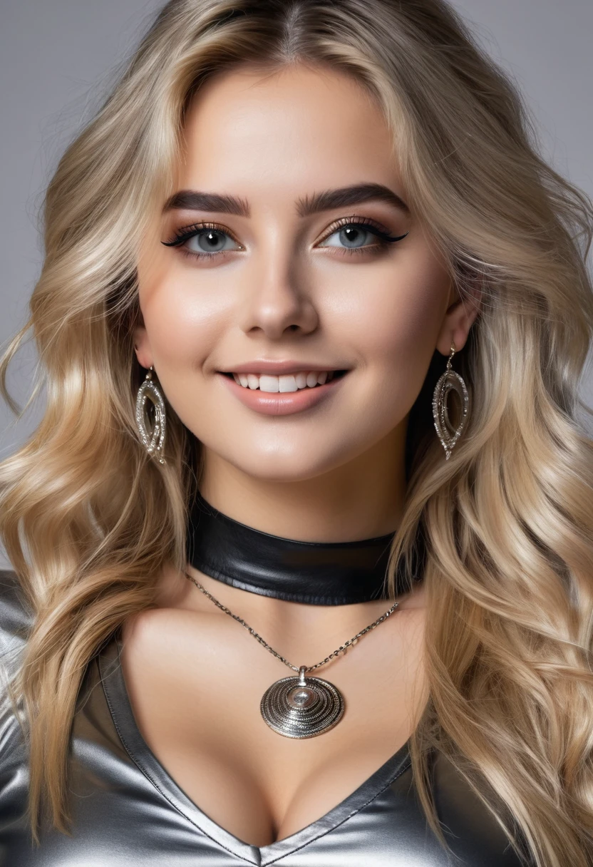 hyperrealistic beautiful busty 18-year-old women in shiny longsleeve top and leather leggins, model shooting full body photography, dyed platin-blonde very long messy hair, dark eye makeup with eyeliner, seductive smile, small necklace and earrings, 8K, best quality, Meisterwerk, ultra high resolution, (Realismus: 1.4), Originalfoto, (realistische Hautstruktur: 1.3), (Filmkorn: 1.3), (Selfie-Winkel), 1 girl, Beautiful round eyes and facial details, Meisterwerk, best quality