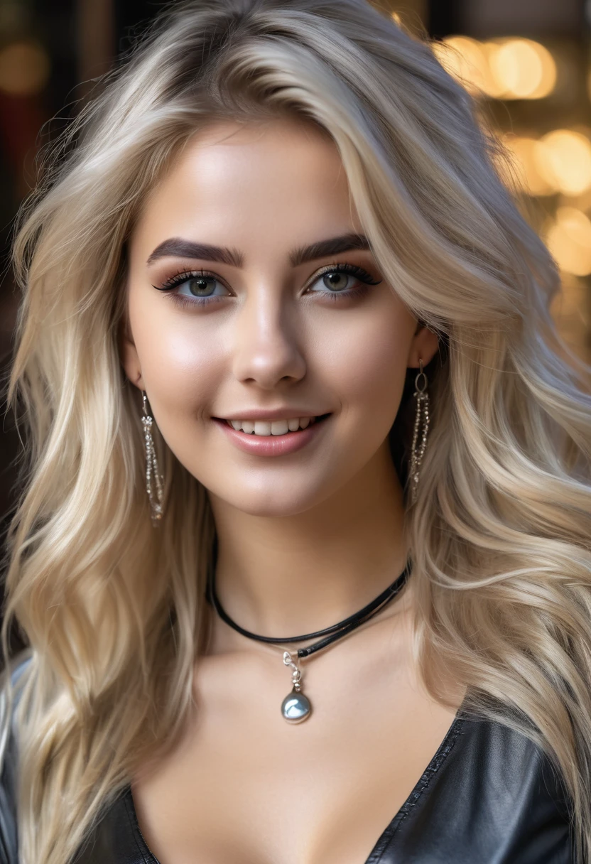 hyperrealistic beautiful busty 18-year-old women in shiny longsleeve top and leather leggins, model shooting full body photography, dyed platin-blonde very long messy hair, dark eye makeup with eyeliner, seductive smile, small necklace and earrings, 8K, best quality, Meisterwerk, ultra high resolution, (Realismus: 1.4), Originalfoto, (realistische Hautstruktur: 1.3), (Filmkorn: 1.3), (Selfie-Winkel), 1 girl, Beautiful round eyes and facial details, Meisterwerk, best quality