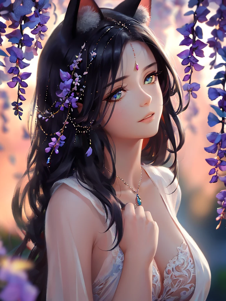 anime style, very fine illustration, high detail, dynamic foreshortening, great detail, 8k, Wisteria trees quietly shine on a spring night, illuminated by city lights. BREAK The woman stands motionless, fascinated by the beautiful scene, watching the wisteria flowers fall. The expression on her face says that she is sincerely delighted with the arrival of spring and the beauty of the flowering wisteria. very good illustration, High detail, dynamic angle, beautiful detailing,2D, (Best quality, masterpiece, Beauty, tenderness), Anime, Highly detailed face, very detailed eyes, very detailed background, Ideal lighting, Whole body, 1 girl, One, (Very detailed cat ears), (Very detailed ears behind the hair), Finely detailed eyes, ears covered with hair, Highly detailed hands, very detailed hands,