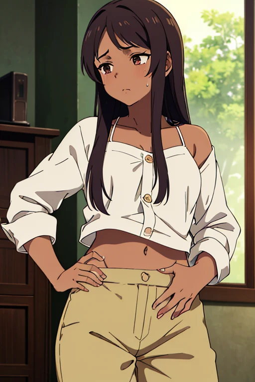 (masterpiece, top quality, best quality), brown skin anime girl wearing a button up lowcut cami top and trousers, famished in hunger, (gently resting hands on stomach), (sweating), (long hair), (hands on her stomach)