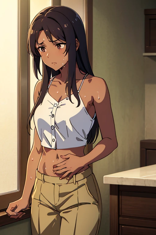 (masterpiece, top quality, best quality), brown skin anime girl wearing a button up lowcut cami top and trousers, famished in hunger, (gently resting hands on stomach), (sweating), (long hair), (hands on her stomach)