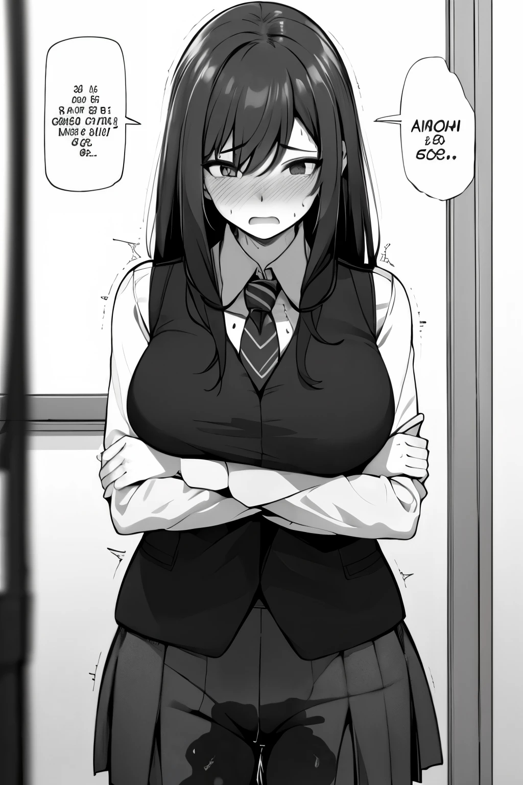 A woman with long black hair, wearing a business outfit consisting of a suit, pencil skirt, and pantyhose, stands in a monochrome setting. The artwork is inspired by manga and incorporates a doujin style. The woman appears to be (wetting herself:1.5), which causes her to feel embarrassed and humiliated, resulting in a blush on her face. In addition, there is an air of anger in her expression. The lighting in the scene is moody, with a spotlight highlighting the woman's figure. She is crossing her arms, (arms crossed:1.5), fully showcasing her skirt., medium breasts