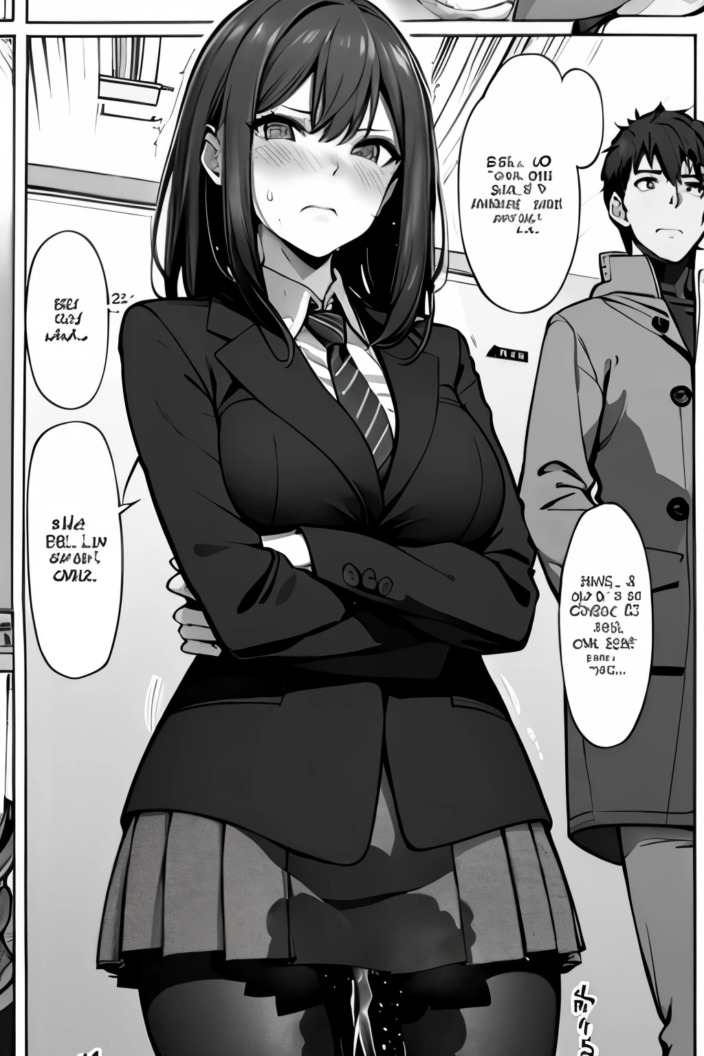 A woman with long black hair, wearing a business outfit consisting of a suit, pencil skirt, and pantyhose, stands in a monochrome setting. The artwork is inspired by manga and incorporates a doujin style. The woman appears to be (wetting herself:1.5), which causes her to feel embarrassed and humiliated, resulting in a blush on her face. In addition, there is an air of anger in her expression. The lighting in the scene is moody, with a spotlight highlighting the woman's figure. She is crossing her arms, (arms crossed:1.5), fully showcasing her skirt., medium breasts