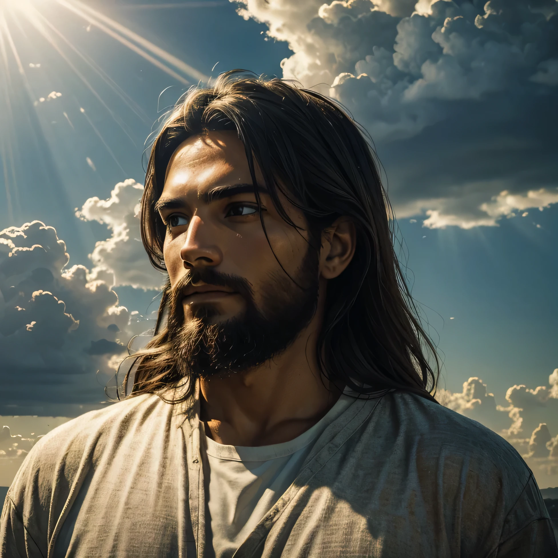 (RAW style, masterpiece, best quality, ultra-detailed), Jesus in the sky between clouds, rays of sun behind him, day light,