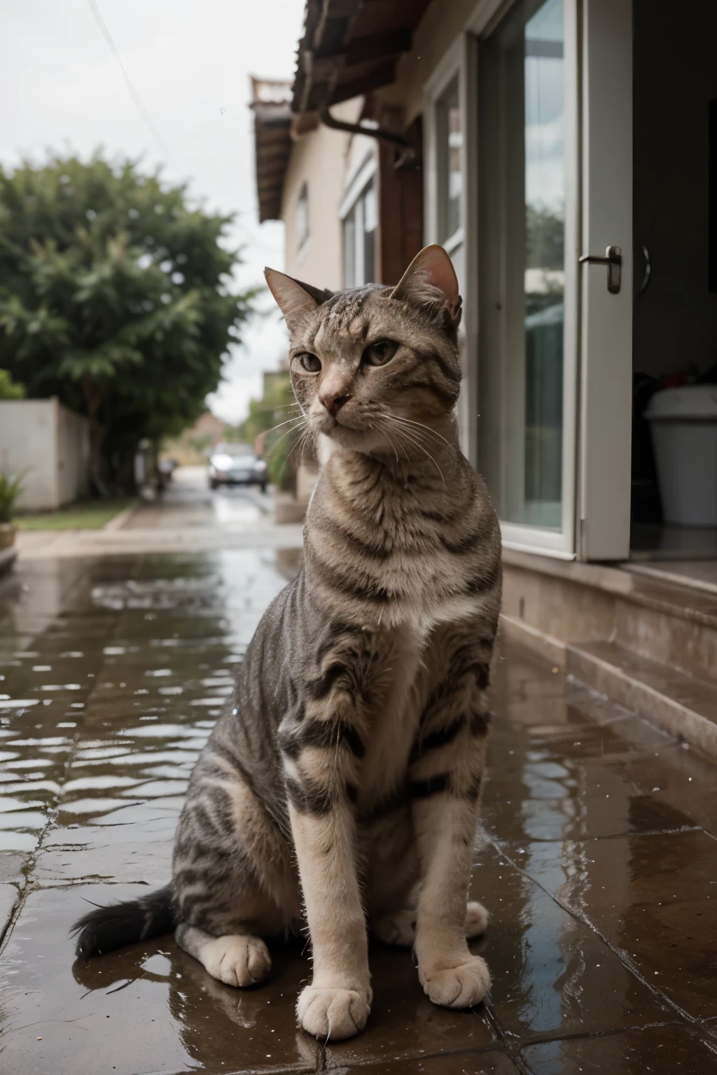 gato escondiendose de la lluvia en una casa