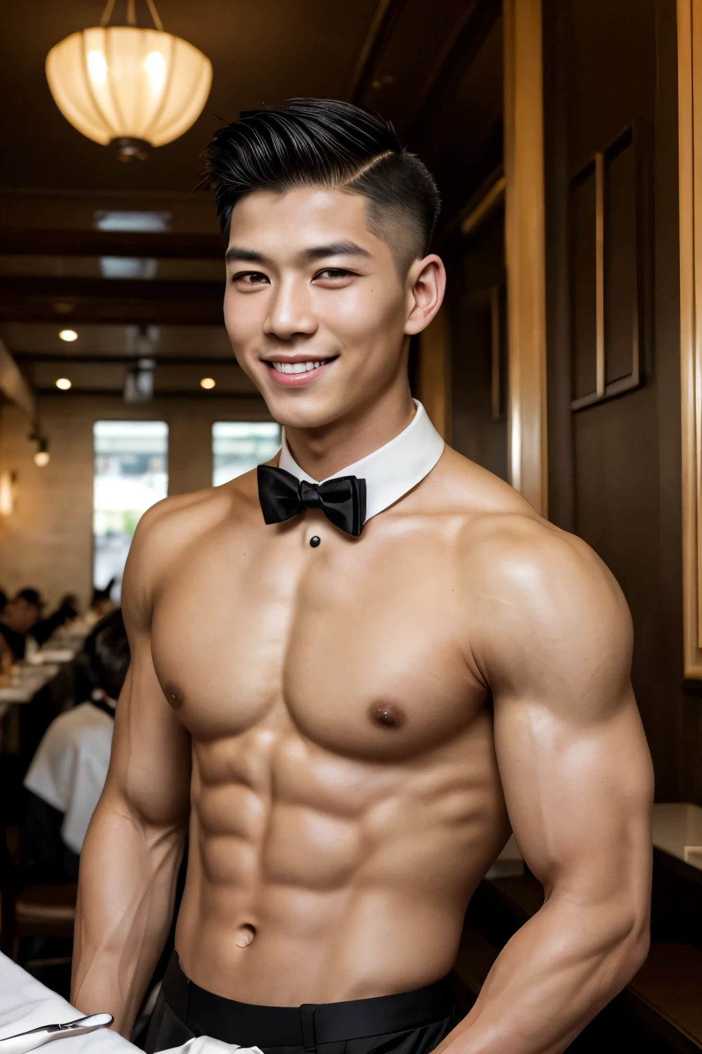 (1man), Asian, young (male:1.5), grey eyes, slender eyes, smile, (((boy in very short hair:1.3))), under_cut, Pompadour, ((formal)), ((handsome, sharp, wild facial features)), (robust muscular body), (robust physique), in restaurant, peoples in the background
