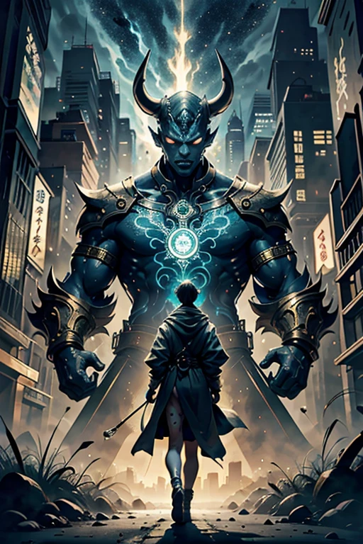 best quality,4k,8k,highres,masterpiece:1.2,ultra-detailed,realistic:1.37,HDR,UHD,studio lighting,ultra-fine painting,sharp focus,physically-based rendering,extreme detail description,professional,art nouveau,tarot card style,dynamic angle, high octane action,dynamic pose, joy expression, (A persona user, accompanied by their guardian spirit, stands in a vibrant and bustling city. The persona user, dressed in stylish and unique attire, exudes confidence and determination. The persona user stands tall, projecting an aura of strength and power.), (Beside the persona user, their guardian spirit manifests in the form of a Yokai, a supernatural creature known for its mystical abilities. With intricate details and vibrant colors, the Yokai emanates an otherworldly presence. It serves as a visual representation of the persona user's inner self, both a protector and a source of power.), (Surrounding the persona user and the Yokai, the cityscape comes alive with bustling streets, vibrant signs, and towering skyscrapers. The city is bathed in the hues of sunset, casting a warm and mysterious glow over the scene. The lights from the city create an enchanting ambiance, highlighting the contrast between the modern metropolis and the fantastical elements of the persona user and the Yokai.), (In terms of art style, the image is brought to life with bold lines, dynamic poses, and a unique blend of realism and fantasy. The art style seamlessly integrates the supernatural elements with the urban setting, creating a visually striking composition.), (The lighting in the image is carefully crafted to enhance the atmosphere and mood. Soft, diffused light illuminates the persona user's face, accentuating their features and adding a touch of mystery. The cityscape is bathed in golden hues, creating a warm and inviting ambiance that contrasts with the supernatural elements of the scene.)