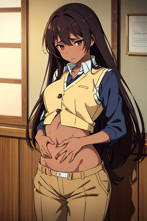 (masterpiece, top quality, best quality), brown skin anime girl wearing a lowcut vest and trousers, famished in hunger, (gently resting hands on stomach), (sweating), (long hair), (hands on her stomach), NO NSFW
