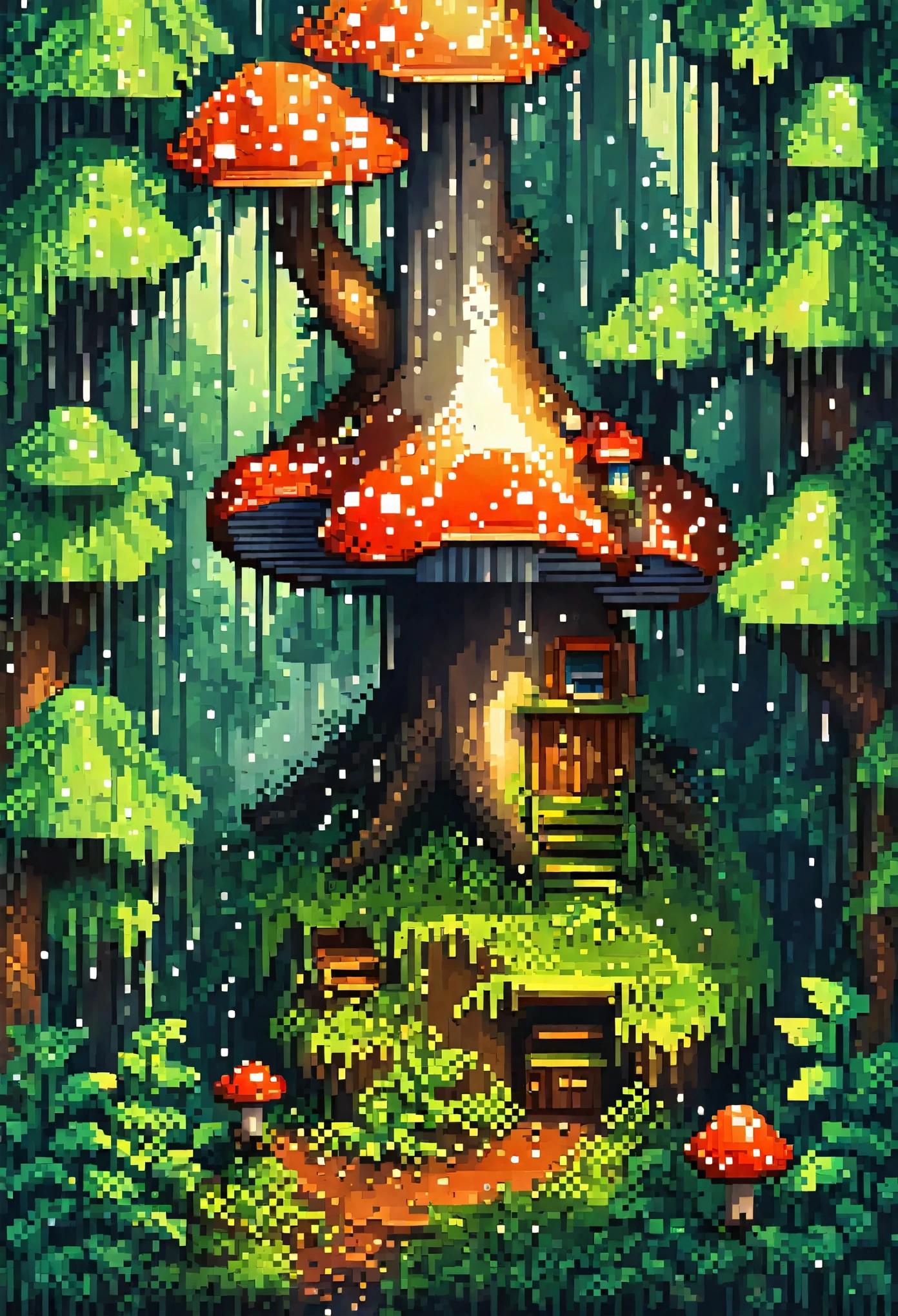 top quality, best quality, High-quality illustrations, masterpiece, Treetops sheltering in the rain under a large mushroom, pixel art, dots, Quarter View, Isometric View,