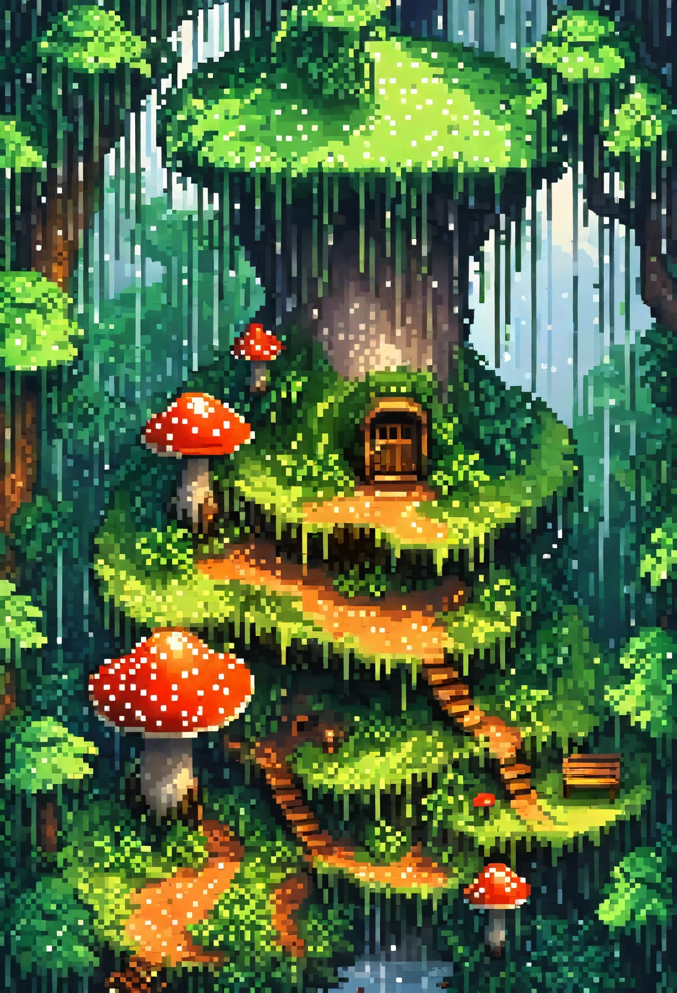 top quality, best quality, High-quality illustrations, masterpiece, Treetops sheltering in the rain under a large mushroom, pixel art, dots, Quarter View, Isometric View,