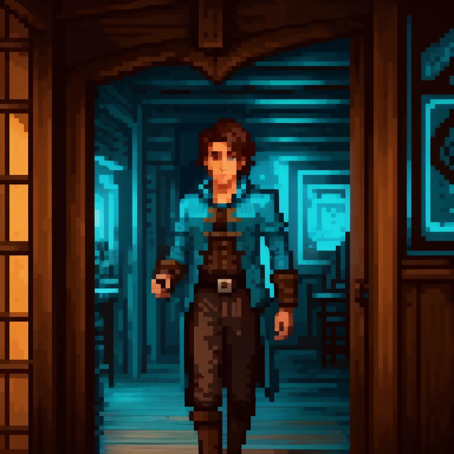 a male pirate wearing a cyan jacket walk through an open tavern door, pixelized face, pixel art
