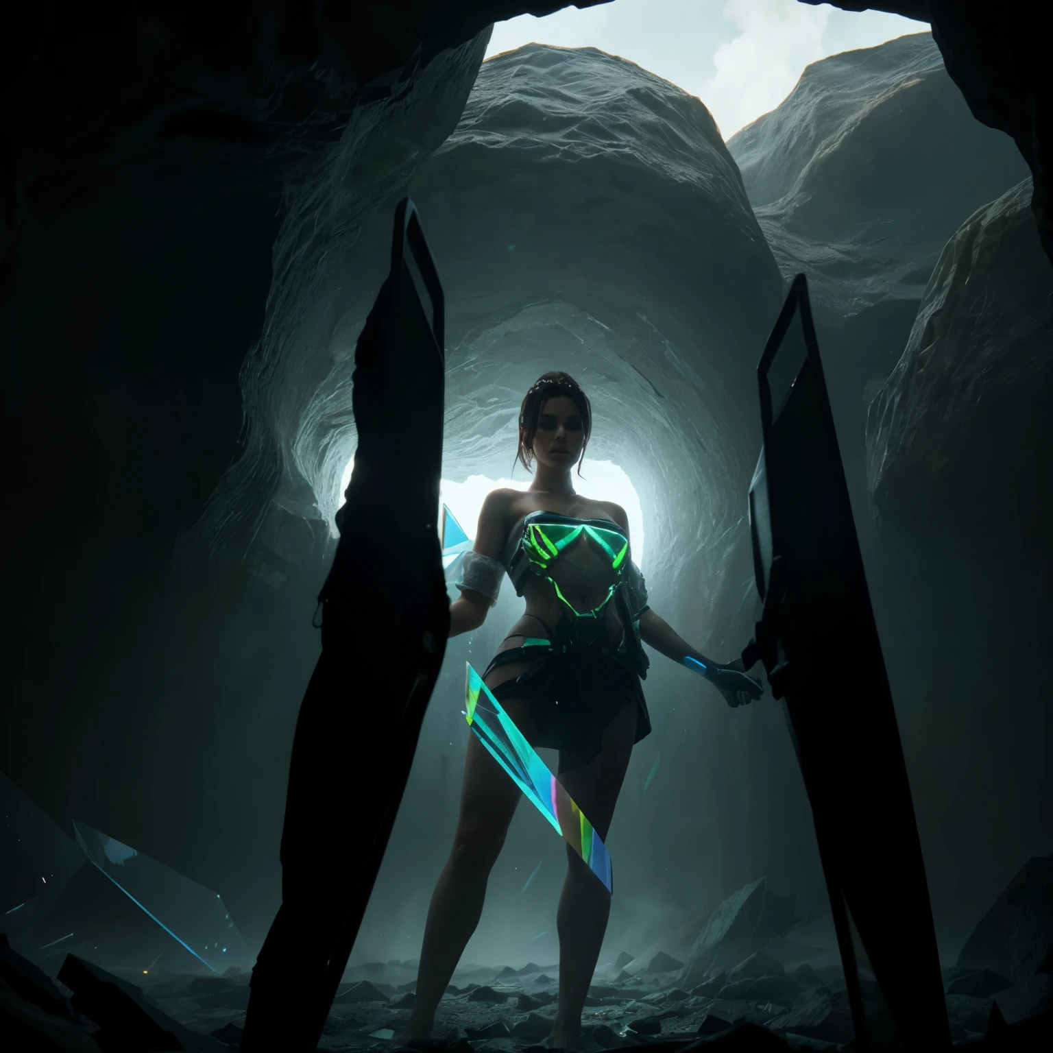 (YES NSFW). (a photo of 8k ultra realistic corrupted rainbow transparent glass humanoid Goddess standing next to a spaceship window overlooking earth, swarm of transparent glass shards, cinematic lighting, trending on artstation, 4k, hyperrealistic, focused, extreme details, unreal engine 5, cinematic, masterpiece), bodytowel, Looking at the viewer, High details, Backlit. Diffuse lights. Viewed from bottom, lower point of view. Dutch angle. realistic hands, wide angle. Isometric, green fog in cave, smoke around, Ultra realistic, 16k, best quality, high resolution
