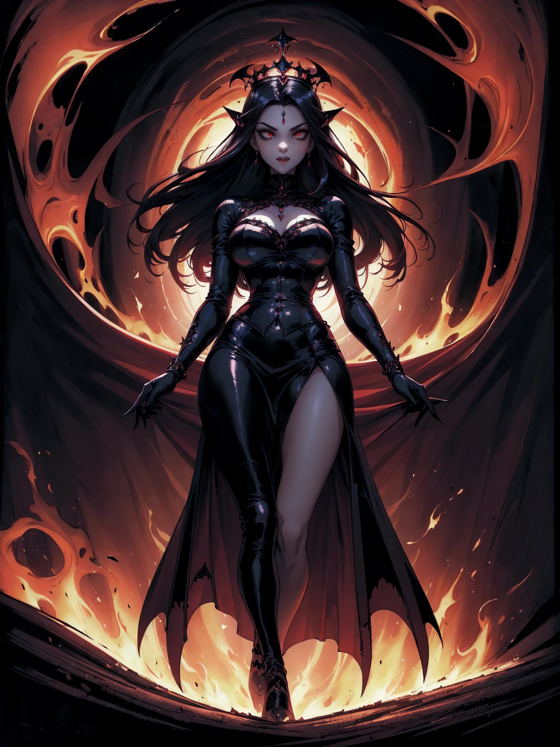 absurdres, ((stunning female Vampire))), goth Renaissance, (long black hair:1.erfect and detailed angular sharp oval shaped face, ((redeyes)), jewelry, red and black tetradic colors, full lips, gothic castle background, (solo), perfect anatomy, approaching perfection, ethereal, intricate details, ultra-high definition, 12k resolution, goth aesthetic, smooth, sharp focus, dreamy, glowing, backlit, glamour, glimmer, fantastical, shadows, smooth, Gothic crown, walking through flames of fire, illustration