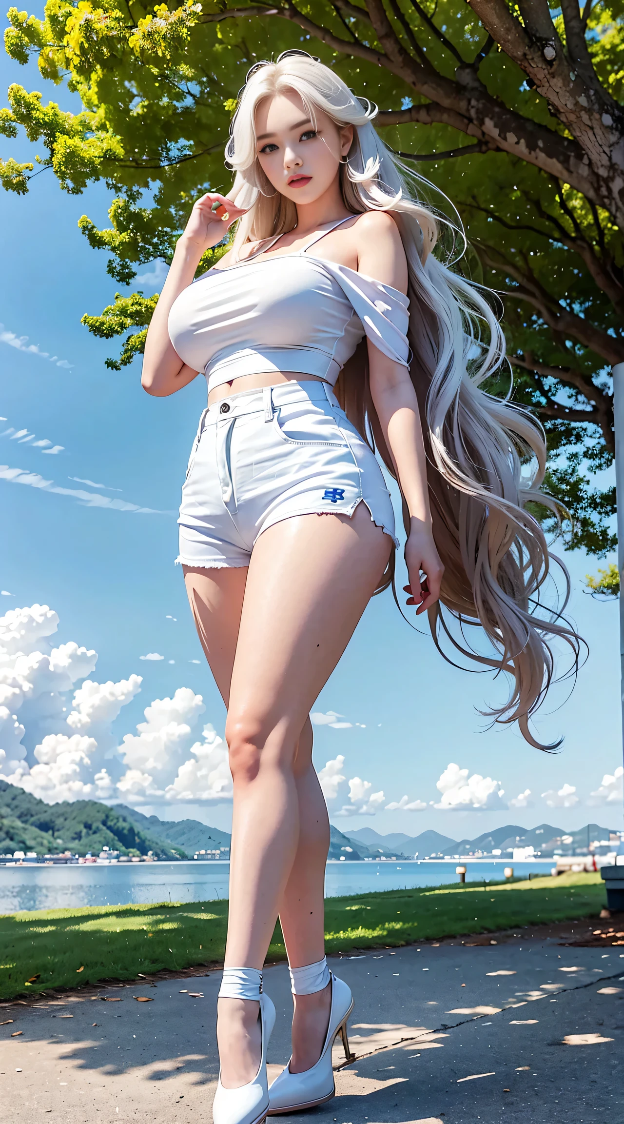 (tmasterpiece,realisticlying,A high resolution),((Extremely tall, plump and sexy 1 girl):Full body lens 1.2),korean people,((White wavy hair):1.3),(heterochromatic eyes:1.1,Thick eyebrows,Little moles under the eyes),tiese,(White color blouse,Red sports shorts,White shoes),((Oversized breasts):1.2,broad shoulder,big breasts thin waist,Exaggerated huge fat buttocks,Super long big thick legs),exteriors,with blue sky and white clouds,full body shot shot。