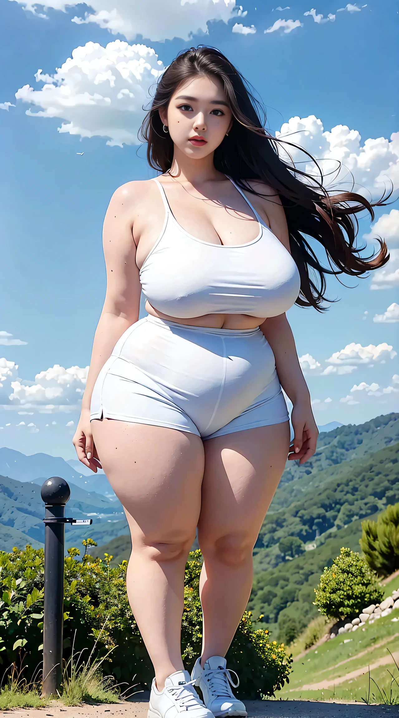 （tmasterpiece，realisticlying，A high resolution），（（Extremely tall, plump and sexy 1 girl）：Full body lens 1.2），korean people，（（White wavy hair）：1.3），（heterochromatic eyes：1.1，Thick eyebrows，Little moles under the eyes），tiese，（White color blouse，Red sports shorts，White shoes），（（Oversized breasts）：1.2，broad shoulder，big breasts thin waist，Exaggerated huge fat buttocks，Super long big thick legs），exteriors，with blue sky and white clouds，full body shot shot。