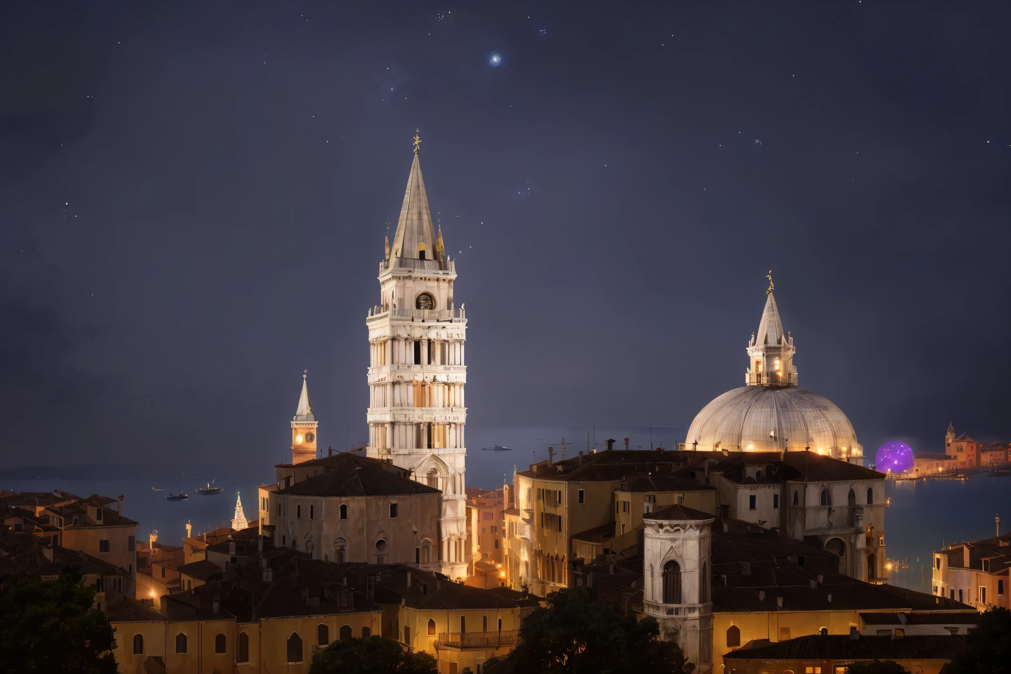 A very detailed photography of a venice skyline, tall bell tower on the left lighting up the surroundings, church dome on the right, starry sky, (fantasy atmosphere: 1.3), ultra detail