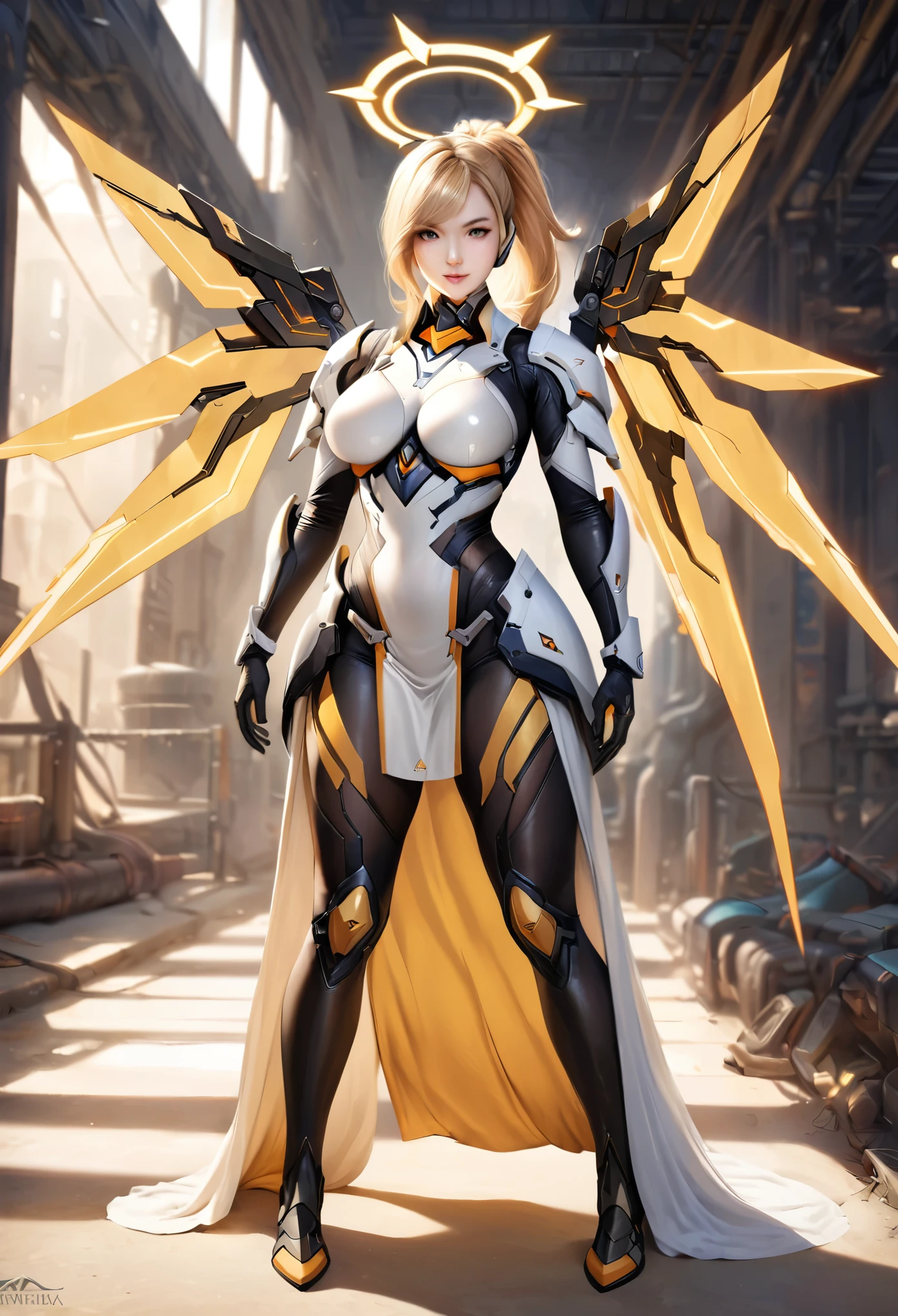 best quality ,masterpiece, illustration, an extremely delicate and beautiful, unityAmazing, finely detail, masterpiece, best quality, extremely detailed CG unity 8k wallpaper, ultra-detailed, highres, extremely detailed, beautiful detailed girl, extremely detailed eyes and face, beautiful detailed eyes, 1girl, solo, mercy (overwatch), mechanical halo, breasts, blue eyes, blonde hair, pantyhose, mechanical wings, wings, halo, holding, bodysuit, cowboy shot, yellow wings, brown pantyhose, lips, gloves, pelvic curtain, black gloves, (European:1.2), covered navel,