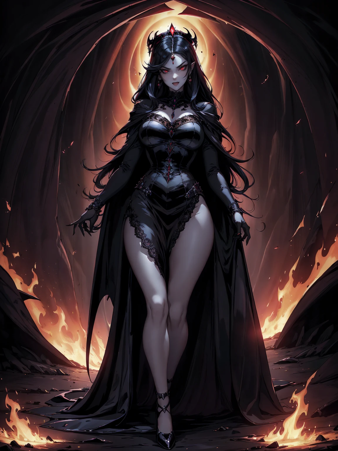 absurdres, ((stunning female Vampire))), goth Renaissance, (long black hair:1.erfect and detailed angular sharp oval shaped face, ((redeyes)), jewelry, red and black tetradic colors, full lips, gothic castle background, (solo), perfect anatomy, approaching perfection, ethereal, intricate details, ultra-high definition, 12k resolution, goth aesthetic, smooth, sharp focus, dreamy, glowing, backlit, glamour, glimmer, fantastical, shadows, smooth, Gothic crown, walking through flames of fire, illustration, backwards, lookink back