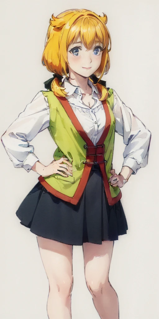 (((Plain background 1:2))) (masterpiece, high quality: 1.1) (Roxanne), 1girl solo fluffy dog ears, twin tails, blue eyes, blonde hair, blush, surrounded by sunflowers in a bright field, smiling red cheeks with hands on hips