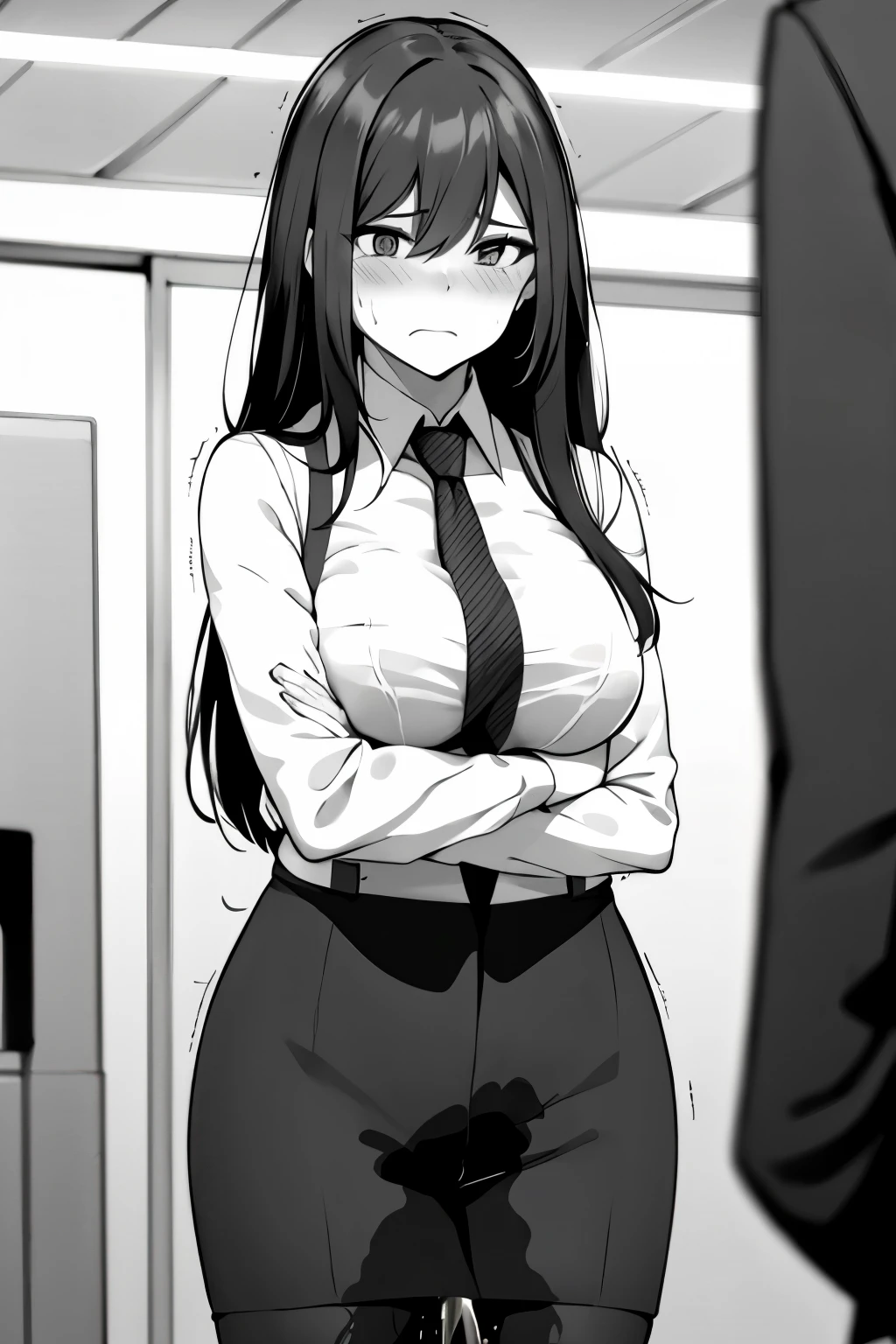 A woman with long black hair, wearing a business outfit consisting of a suit, pencil skirt, and pantyhose, stands in a monochrome setting. The artwork is inspired by manga and incorporates a doujin style. The woman appears to be (wetting herself:1.5), which causes her to feel embarrassed and humiliated, resulting in a blush on her face. In addition, there is an air of anger in her expression. The lighting in the scene is moody, with a spotlight highlighting the woman's figure. She is crossing her arms, (arms crossed:1.5), fully showcasing her skirt., medium breasts