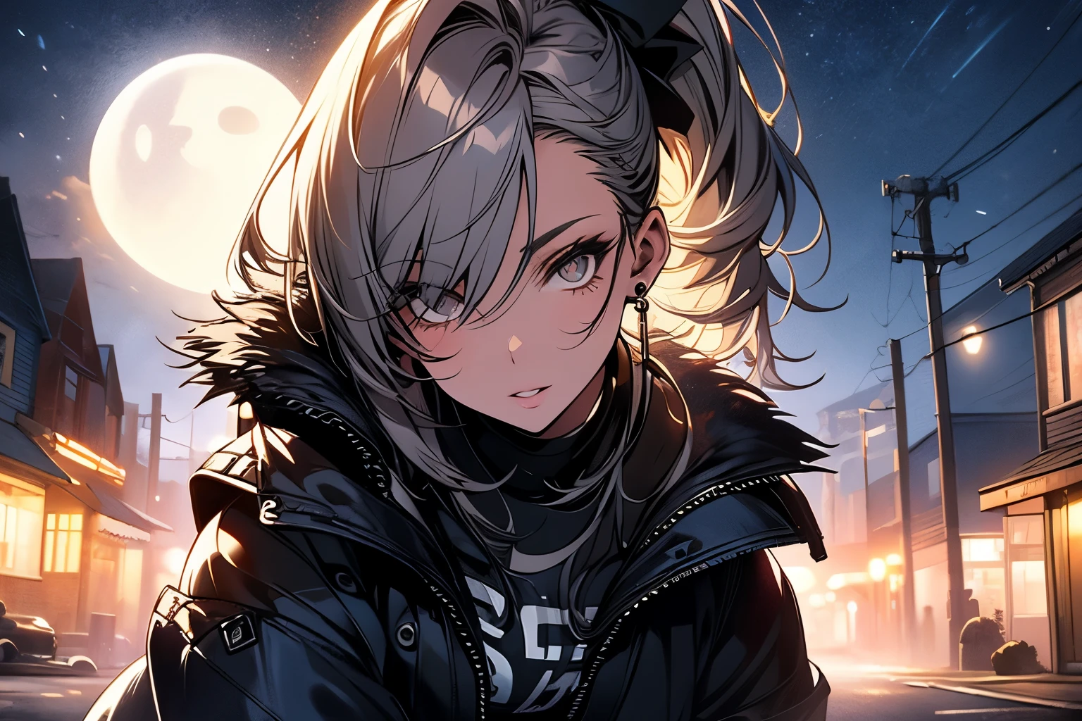 Original photo, best quality, full body photo), (Realistic, photo fidelity: 1.3), (Extremely delicate and beautiful: 1.1) 1 woman chiseled physique and wide hips, leggings, pleated skirt, sports top, high ponytail, high boots, long fur jacket, on a hazy moonlit night in a ghost town, monochrome style, line art, detailed face, detailed eye's, detailed lips, wide hips