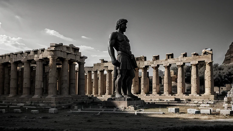 "A dark landscape image of an ancient greek society deeply connected to stoicism, black and white, ancient greek architecture, include one single big statue of a stereotypical strong greek man, marcus aurelius --ar 16:9 --style G4JuqKlERum6vZGYhO9USsL"
