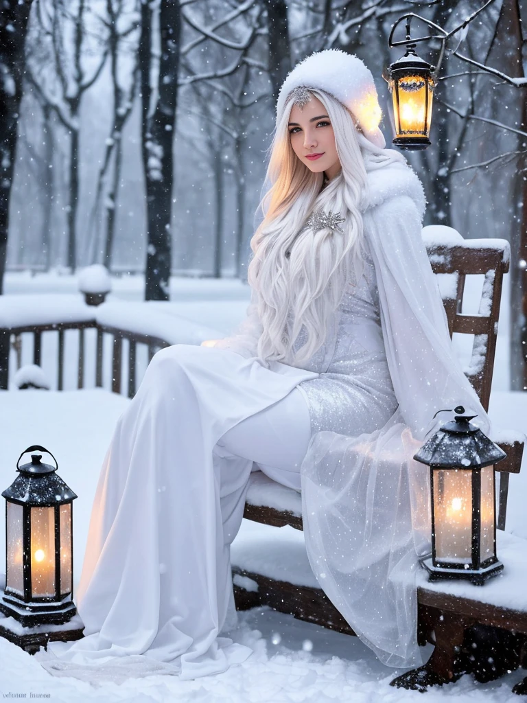 araffe sitting on a snowy bench with a lantern in her hand, in the snow, girl under lantern, inspired by Anne Stokes, in snow, only snow i the background, very long snow colored hair, full body:: snow outside::, in style of anne stokes, cold snow outside, fantasy photoshoot, pale snow white skin, white witch, goddess of winter