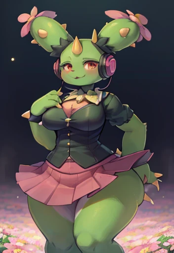 (best quality,ultra-detailed:1.2),(realistic:1.37),anthropomorphic,pokemon,maractus,(female:1.1),wide hips,skirt,claws,pink flower,spikes,plant-humanoid, wearing big Headphones ,