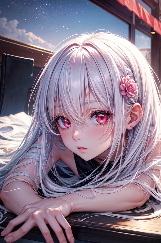 Be a girl with a pink complexion, beautiful eyes (Red Eyes) Deep as the night sky, Half of a sad face lying on the table, white hair, Watching you, There is anime/Semi-realistic art style  